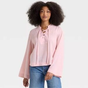 Universal Thread Pink Stripe Bell Long Sleeve Tie-Front Popover Blouse
